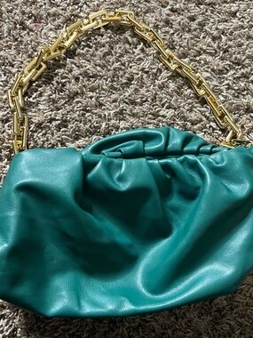 Green Gathered Shoulder Bag with Gold Chain Handle